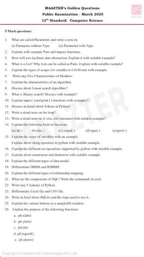 12th Std Computer Science | Top Most Important Golden Questions | 5 Marks | 2025 |