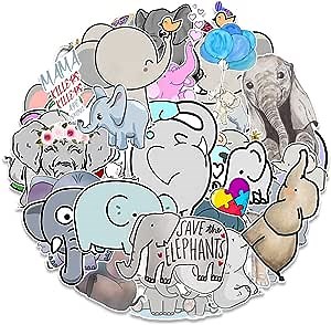 ENGOOFINE Cute Elephant Stickers 50Pcs, Waterproof Vinyl Decals Animals Sticker for Water Bottles Laptop Scrapbook Guitar Computer Phone (50 PCS Elephant Stickers)