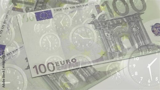 Left slide starting 100 euro notes sliding, rotating and stacking over faint clock faces for growth