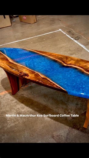 PERFECT SURF. Martin & MacArthur craftsmen create Koa Surfboard Coffee Tables for the good life. https://bit.ly/3G9RQTP; #koasurfboard; #CoffeeTable; #surfboardcoffeetable; #surfboard; #martinandmacarthur | Martin & MacArthur