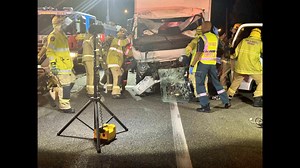 Driver of the maintenance vehicle uninjured, as vehicle is specifically designed to tank crashes, protecting road crews ahead. Driver and passenger of truck behind transported to hospital, but their dog was OK. Send us a video: https://dashcamownersaus.wetransfer.com/ Use code DCOA5 for 5% off: https://dashcamownersaus.com.au/ | Dash Cam Owners Australia