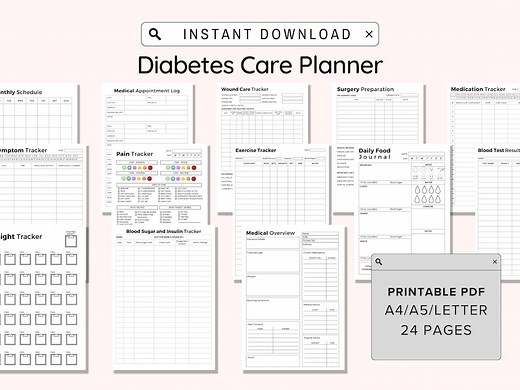 Diabetic Care Planner Printable, Diabetes Treatment Organizer, Medical Log,blood Sugar Log, Insulin Log for Type 1 or 2 Diabetes,digital PDF - Etsy