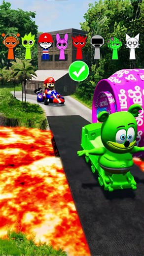 Funny cars Crazy Frog & Gummy Bear & Mario & SpongeBob & Sprunki VS Bollard Barbie in BeamNG drive