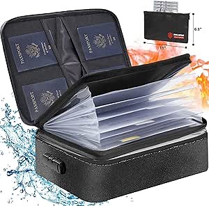 Fireproof Document Bag with Lock & Money Bag,Accordion File Organizer,Fireproof Expanding File Folder with 6 Pockets,Important Document Storage Organizer with Handle,Labels,Travel Safe,Black