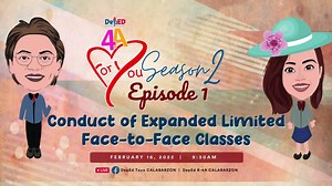 ANO ANG MASASABI MO SA PAGBABALIK NG LIMITED FACE TO FACE CLASSES? Pakinggan sina John Ian James E. Cubacub at Lian Xing C. Magali, mga mag-aaral mula sa Libis Elementary School, Binangonan, Rizal na ibinahagi ang kanilang saloobin sa pagsasagawa ng limited face to face classes. Upang talakayin ang paksang pagsasagawa ng expanded limited face to face classes sa CALABARZON, samahan niyo kami sa programang nagsisilbing tulay at tagapagbalita ng mga programs, projects, at best practices sa rehiyo, 