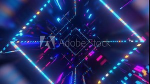 Abstract frames and boxes. Fly through technology cyberspace with neon glow. Sci-fi flight through hi-tech technology tunnel. Hologram and neon light. 3d looped seamless 4k. Multicolored data flow