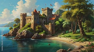 Ancient castle by the seaside, 4K seamless looping virtual video animation background