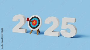 2025 action plan, challenge, strategy, vision and goals. Business planning and strategy for achieving goals. 2025 with bullseye dart hitting the target. 4K 3D animation