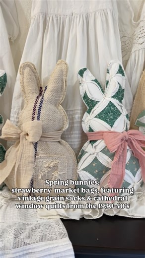 Kim Klingelhofer on Instagram: "It’s bunny season! Love these bunnies made from vintage cathedral window quilts and European vintage grain sacks. Pretty bows finish them off. All that’s needed are chocolate Easter eggs! #etsyseller #easterbunnies #chocolatebunnies #vintagequilts #marketbags"