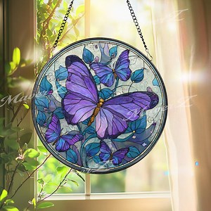 Purple Butterfly Stained Glass Suncatcher, Round Window Panel With Blue Floral Background, Colorful Hanging Glass Art for Butterfly Lovers - Etsy