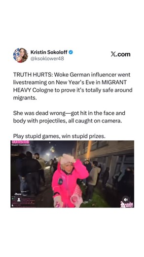 Kristin Sokoloff - Political Commentator on Instagram: "FOLLOW @ksokconservative FOR AMERICA FIRST CONTENT! 💃🏼🇺🇸👉🏽the woman in the video is a German Twitch streamer known as Kunshikitty (or @Kunshikitty on X), who was livestreaming from Cologne, Germany, on New Year’s Eve 2025 to demonstrate safety in crowds."
