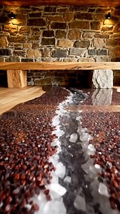 A garnet and quartz stone river sealed in epoxy, inside a mountain cabin. #EpoxyFloor #EpoxyCabin #GarnetStone #StoneAndResin #MountainCabin #CabinDesign #naturalstonefloor #LuxuryCabin #Craftsmanship | Tiny Living Designs