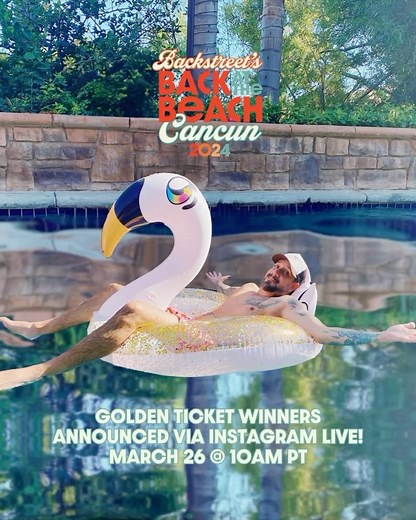 Backstreet Boys on Instagram: "TOMORROW AJ will be diving in 🏊‍♂️ and announcing our #BSBAtTheBeach 30 Golden Ticket Winners! If you purchased a package in the first two weeks AND registered in the guest dashboard by March 19 @ 11:59PM ET, you have been randomly assigned a number for the drawing. Find your name and number at: BSB30.com Tune in to our IG Live TOMORROW, March 26 @ 10AM PT to watch AJ randomly select 30 Golden Ticket Winners LIVE from his pool. See you then! NOTE: Each number will