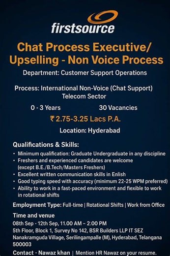 Firstsource Chat Process Jobs| Salary₹3.25 LPA |Freshers& Experienced |Walk-inDrive #hyderabadjobs
