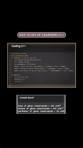 Read caption... Printing area, volume and perimeter using function... #coder #cpp #coding