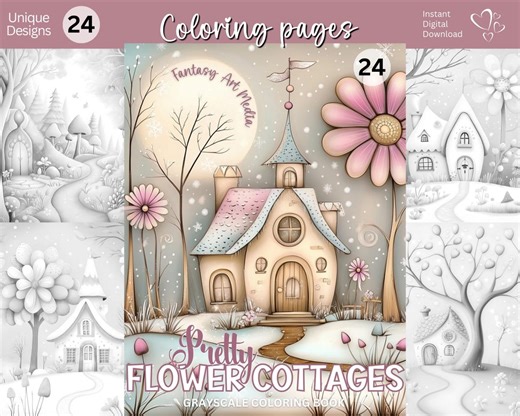 Grayscale Coloring Pages Pretty Flower Cottages Quirky Printable Adorable Whimsical House Scenes Adult Instant Download PDF/JPG Files - Etsy