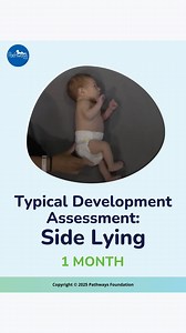 When it comes to 1-month-old Baby in side lying position, here is a physical therapist-approved motor assessment for typical development: 🔹 Head: Baby's head is in line with the trunk and hips, making the body look like it's in a straight line. The head might also be slightly behind the shoulders. 🔹 Trunk: Baby's trunk is typically in line with the head and hips. Baby usually cannot maintain this position independently because they lack trunk muscle strength. 🔹 Upper Extremities: Baby's arms 