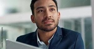 Business man, thinking and planning on computer for ideas, brainstorming and legal review in office or law firm. Young Asian lawyer or corporate employee with vision and online solution for report Stock Video