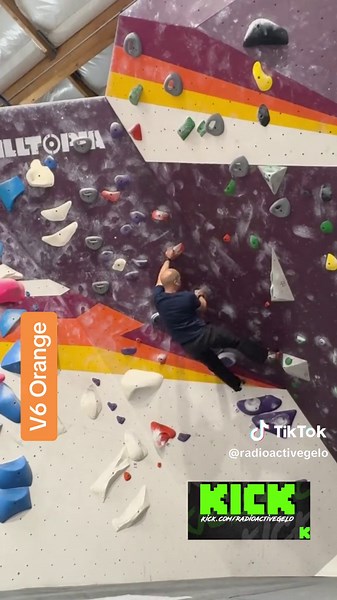 V6 Orange- my 2nd V6 EVER!!! Spent a couple sessions on this one. The movement and variations of the holds plus the added overhang element made this a tough one. Wasn’t the cleanest send but I got it. Drop that follow and watch me live climb on Tuesdays and Thursday at @kick.com / RadioactiveGELO #Climbing #Bouldering #GymBouldering #BoulderingTiktok #FullSend #ClimbingStreamer #IHaveWalls #KickStreamer #ClimbingGym #YayClimbing