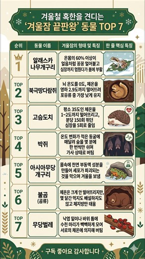 겨울철 혹한을 견디는 '겨울잠 끝판왕' 동물 TOP 7