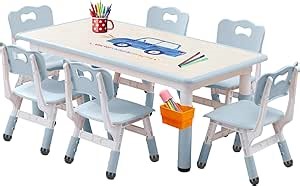 Kids Table and Chairs Set, Height Adjustable Desk With 6 Seats for Ages 3-12,Arts & Crafts Table,Graffiti Desktop, Non-Slip Legs, Max 300lbs, Children Multi-Activity Table for Classrooms,Daycares,Home