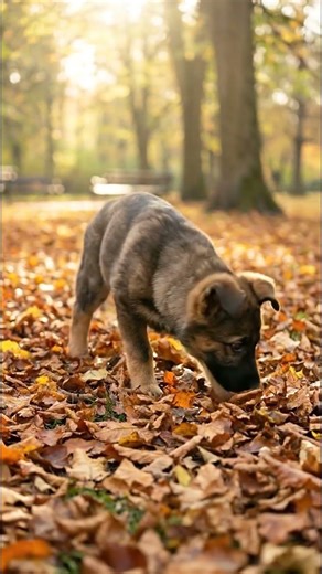 Shepherd Puppy Exploring Leaves on an Autumn Day