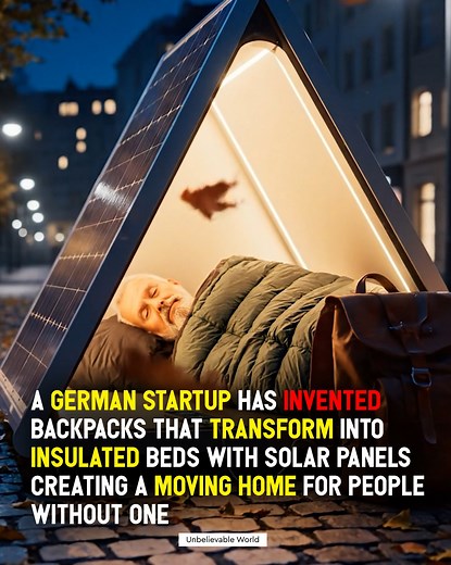Innovation with Heart: A Backpack That Becomes a Bed! A German startup has designed something truly life-changing — a backpack that unfolds into a warm, insulated bed, complete with solar-powered lights and a phone charger. ⚡🎒 It’s not a full home, but it offers safety, warmth, and dignity — a little space to rest and recharge, both physically and emotionally, for those experiencing homelessness. Sometimes the most powerful innovations aren’t the biggest — they’re the ones born from compassion.