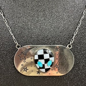 👽 Sterling Silver 925 Checkerboard Onyx Opal Turquoise Alien Necklace Handmade