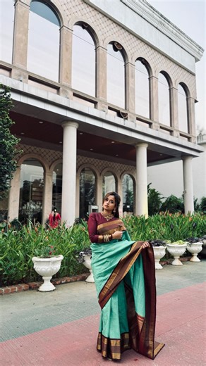 Chaitra Vasudevan on Instagram: "Saree in Nammooru..flowers on my hair signifies my native.. guess which one? . . I am a fan of full sleeves , i got this blouse designed in 2days - from zardosi work on the neck to the Chinese collar executed so well by the very talented @dutira_designer_studio . Saree is from @asbabusah Kanchi paid just 2800rs for this one"
