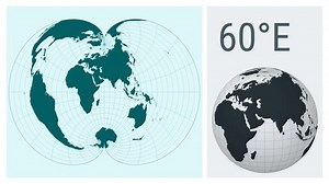 World Map Animation. American polyconic projection. Solid color style. Animated world map in Polyconic projection. Loopable animation showing longitude shift and matching globe.