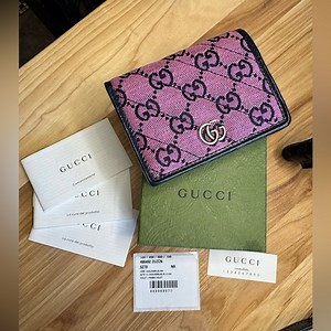 Gucci GG Marmont Pink Navy Leather Compact Wallet Box Cards Limited Edition COA