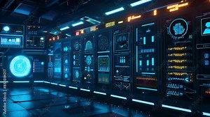 Futuristic control room with cybersecurity measures implemented in the SCADA system. Glowing screens with control panel with firewall status indicators Stock Video