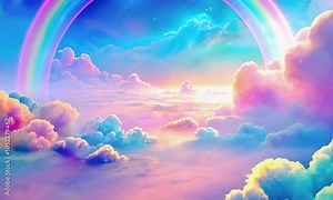 Soft, wispy pastel clouds drift lazily across a vibrant, holographic rainbow that shimmers with an iridescent glow, set against a serene, cotton-candy-inspired sky with delicate, feathery textures.