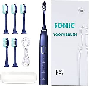 Sonic Electric Toothbrush for Adults- Rechargeable Smart Auto Brushing Teeth with 6 Brush Heads & Travel Case, 5 Cleaning Modes, Smart Timer - IPX7 Waterproof and 45000VPM Oral Cleaning