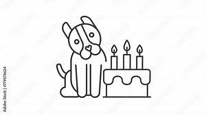 Pet party line animation. Animated dog with cake icon. Pet adoption celebration. Pet event organization. Black illustration on white background. HD video with alpha channel. Motion graphic
