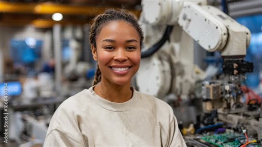 129A young Black woman technician in steel-toe boots aligns robotic arm components in an advanced automation facility, cables, circuit boards, and calibration tools around her, with a
