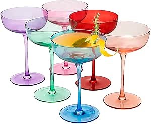 Colored Coupe Glasses - Martini , Cocktail & Champagne Glasses 7oz | Set of 6 | Cute & Colorful Pastel Colored Crystal Cocktail Glassware , Fun Classic Goblet Cocktails Glass, Stemmed Ripple Glassware