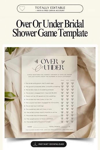 Over or Under Bridal Shower Game – Fun Printable Couples Shower Game | Canva Template