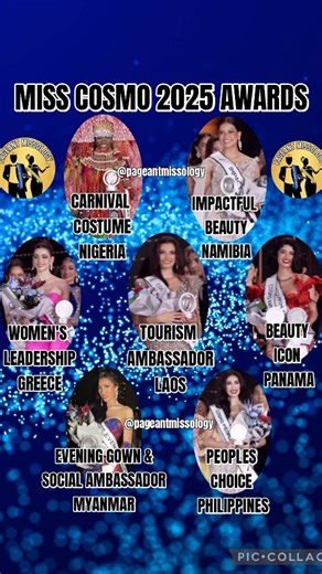 PAGEANTS UPDATES 👑 on Instagram: "MISS COSMO 2025 FINAL AWARDS! 📣 IN THE ANNOUNCEMENT OF THE TOP 21 MISS MYANMAR WAS ANNOUNCED THE WINNER OF MISS SOCIAL AMBASSADOR... IN THE ANNOUNCEMENT OF THE AWARDS THE ORDER OF THE AWARDS MENTIONED BY THE HOST WAS "NIGERIA CARNIVAL COSTUME, IMPACTFUL BEAUTY NAMIBIA, WOMENS LEADERSHIP GREECE, BEAUTY ICON PANAMA, TOURISM AMBASSADOR LAOS, SOCIAL AMBASSADOR MYANMAR, EVENING GOWN PHILIPPINES & PEOPLES CHOICE PHILIPPINES"... BUT IN WHEN THEY GAVE THE SASHES THEY 