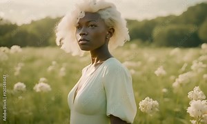 An artistic portrayal of a black albino model with white hair, captured in a green grass landscape under soft sunlight