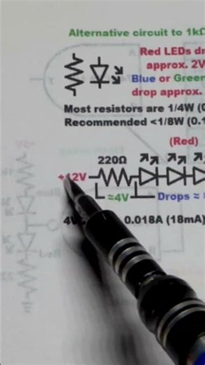 12V Powering 4 Red LEDs in Series with 220 Ohms Setting Current Schematic Explained By Electronzap