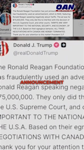 BREAKING: President Trump says he’s ending all trade negotiations with Canada. Subscribe to OAN LIVE for more stories like this https://live.oann.com/home.ktv?utm_source=socials&utm_medium=social media&utm_campaign=x #news #oan #canada #tarif | One America News Network