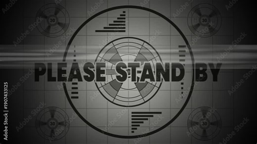 Glitchy test pattern screen for please stand by break, suitable for video production, tv and film projects, broadcasting, waiting rooms, and presentations.