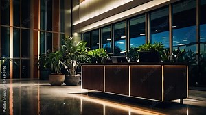 Modern Reception Desk with Plants and Nighttime City View in a Lobby