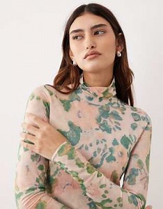 ARRANGE premium mesh abstract floral printed high neck long sleeve top in pink | ASOS