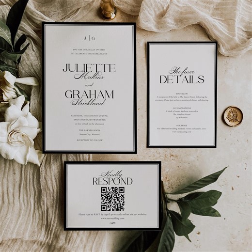 Monogram Wedding Invitations and QR Code RSVP, Formal Calligraphy Invite Suite Template, Elegant Old Money, Editable Instant Download SS034 - Etsy