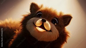 Cute animated plush toy with large eyes and a happy expression, perfect for children's content, animations, and toy-related themes, evoking warmth and friendliness in a charming, playful setting