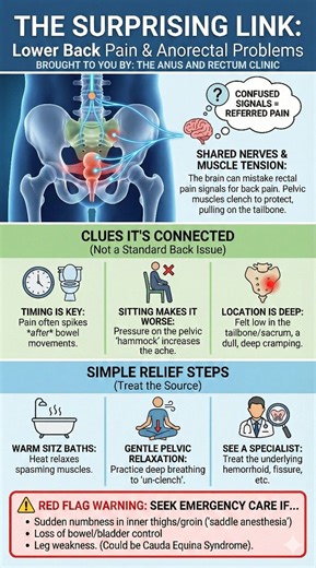 Is your stubborn back pain actually a pain in the... rear? 🤔 It’s surprising, but many cases of deep, dull lower back and tailbone pain aren't caused by your spine at all—they originate from anorectal issues. Because these areas share nerve pathways and muscle connections (your pelvic floor "hammock"), your brain can confuse the signals. If standard back treatments aren't working, swipe through our new infographic to see if the root cause lies elsewhere. Learn the clues regarding timing and tri
