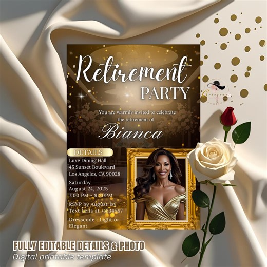Editable Retirement Party Invitation Black Gold Retirement Dinner With Photo Invite Retired Woman Surprise Farewell Party Digital Template - Etsy