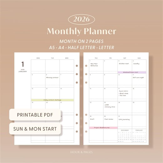 2026 Monthly Planner Printable PDF Dated Calendar Inserts Minimalist Layout A5 A4 Letter Half - Etsy